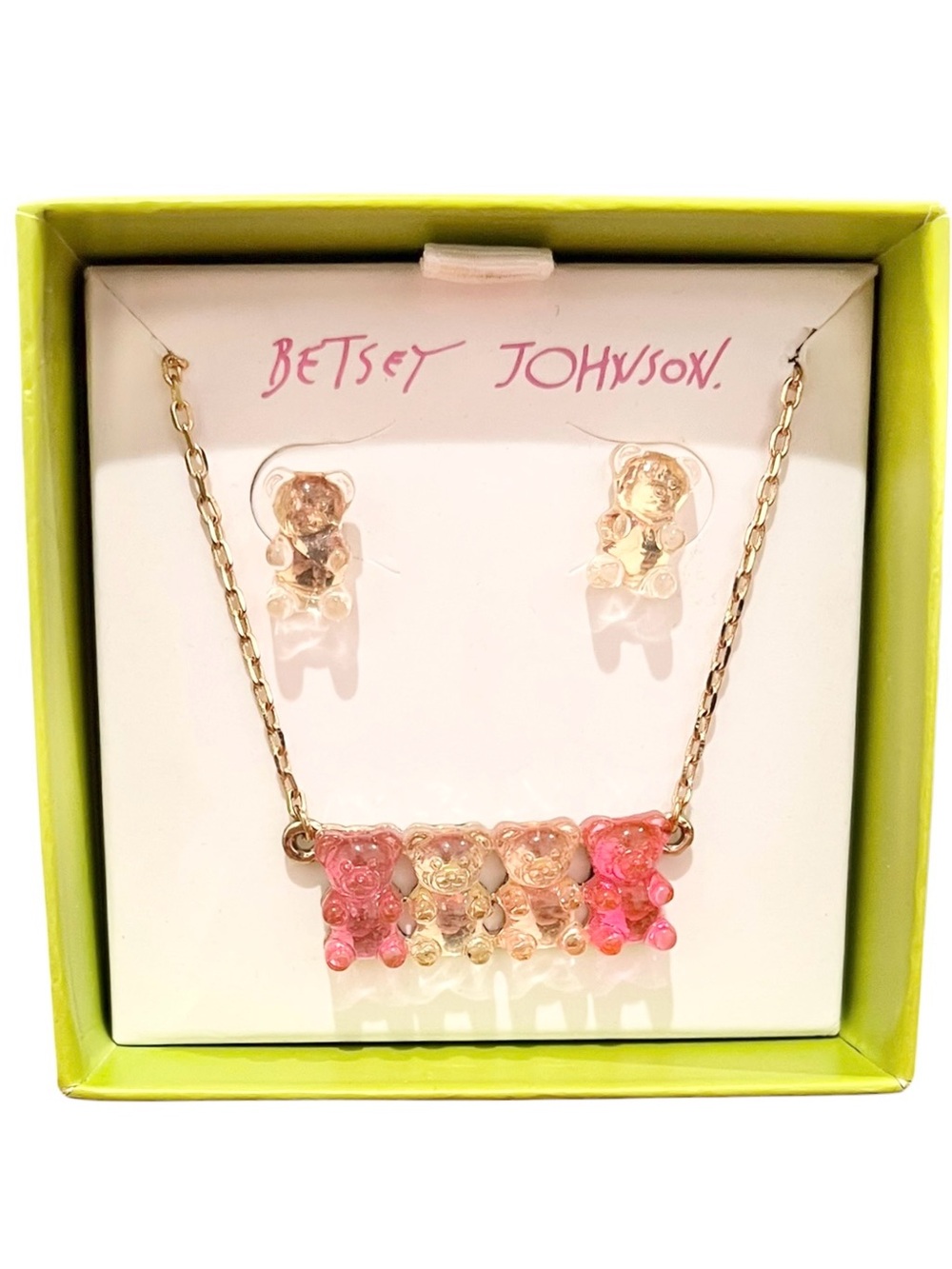 Betsey Johnson Dainty Pink Gummy Bears Necklace and Stud Earrings Set NIB